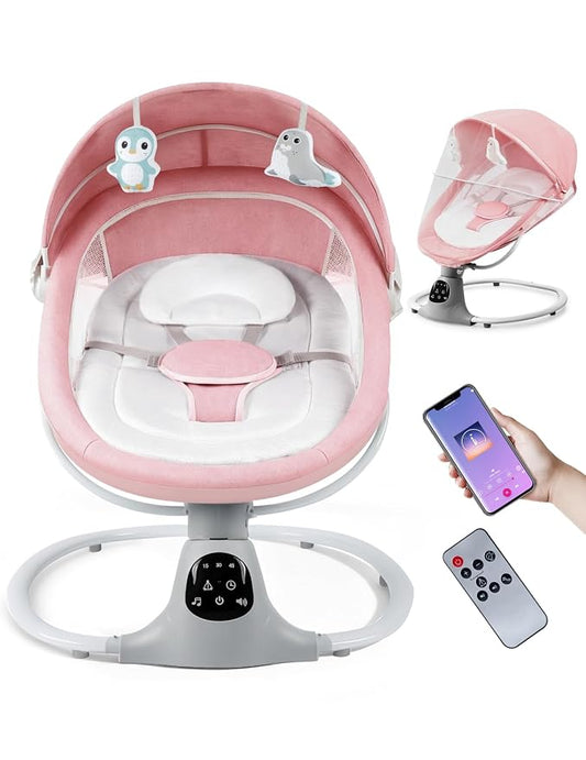 Electric Baby Swing for Infants to Toddler, 12 Music, Remote Control and Bluetooth, Portable Swing for Baby Boy Girl with 5 Swing Speed, Multifunction Rocker(Light Pink)
