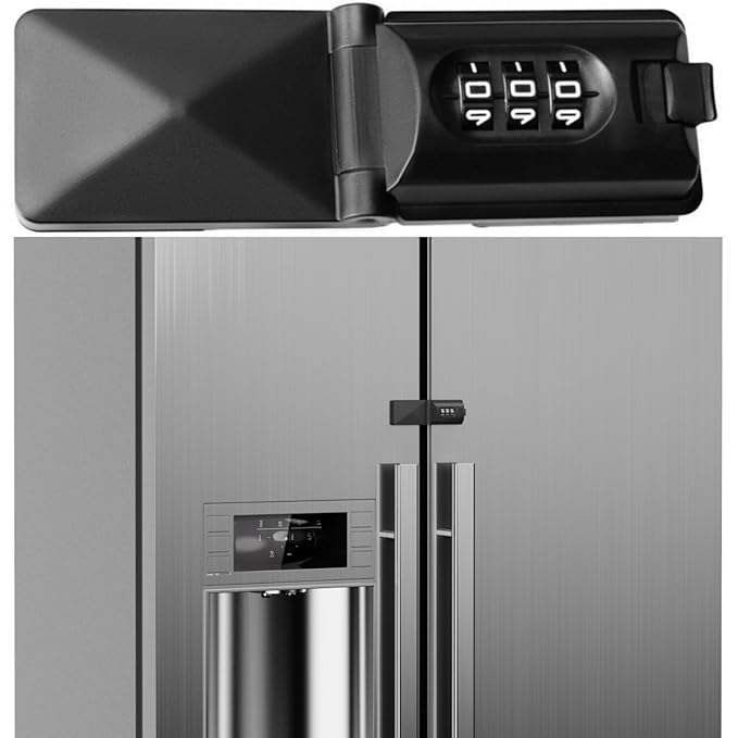 French Door Fridge Child Proof Lock Keyless Password Code Baby Safety Double Door Refrigerator/Freezer Locks for Kids, Adhesive Cabinet Cupboard Lock Easy to Install (1, Black)