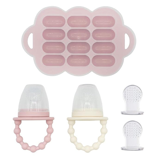 WeeSprout Baby Food Feeder Set - 2 Silicone Feeders & Reusable Freezer Tray with Lid - BPA-Free Fresh Fruit & Veggie Pacifier for Babies & Toddlers - Double as Teething Toys - Dishwasher Safe