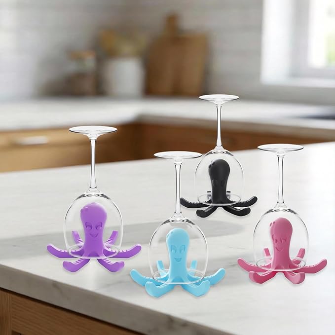 3D Octopus Bottle & Glass Dryer Stand, 4Pcs Printed Fun and Functional Dish Drainer for Cups, Bottles, Mugs, and More - Unique Kitchen Accessory, Non-Slip Design for Efficient Drying