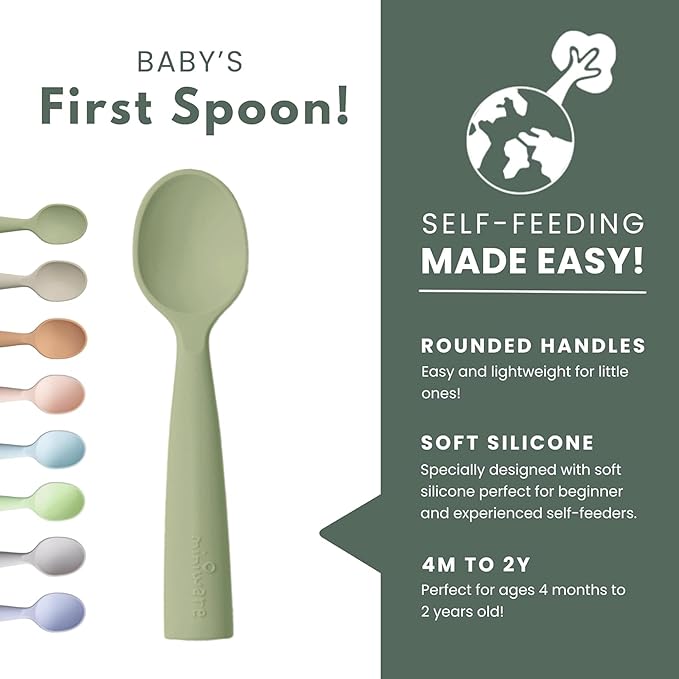 Miniware Silicone Baby Spoon for Training - BPA Free Baby Utensils - Baby Spoons Self Feeding 6 Months | 100% Food Grade Silicone - Modern & Dishwasher Safe | Dishwasher Safe (Pistachio & Toffee)