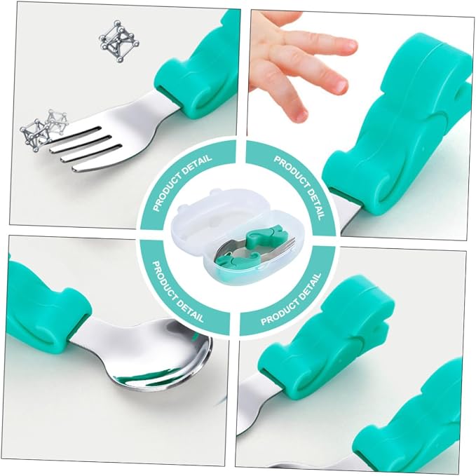 BESPORTBLE Stainless Steel Fork and Spoon with Food Grade Silicone Handles Training Utensils with Storage Case Drop-resistant Tableware for Boys and Safe for Preschoolers and Juniors