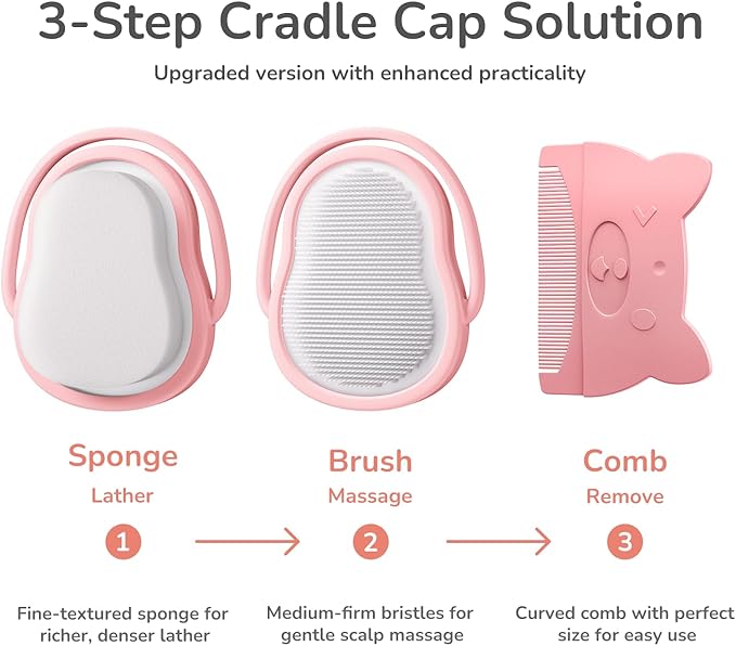 3-in-1 Baby Cradle Cap Brush kit, Soft Baby Brush, Curved Comb & Bath Sponge | BPA-Free Cradle Cap Treatment Set for Newborns, Infants Dry Skin Flakes Removal, Pink