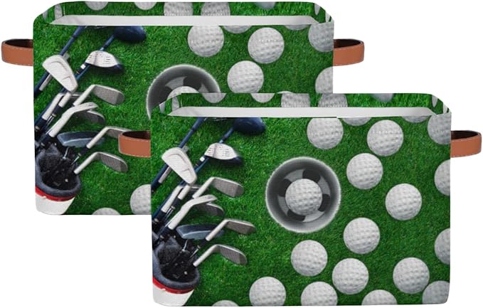 Golf Ball Storage Basket, Sport Golf Ball Foldable Storage Bin with Handle Fabric Rectangular Storage Box Organizer for Closet Shelf Home Office Nursery Toy Basket, 2 Pack