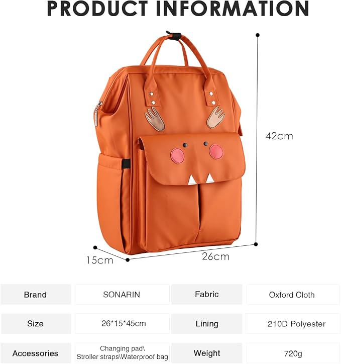 SONARIN Stylish Large Capacity Diaper Bag Backpack,Travel Nappy Changing Bag Mommy Bag with Changing Mat & Stroller Straps(Orange)