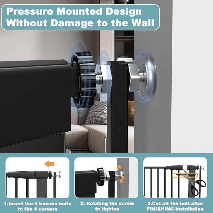 51.18" Extra Tall Pet Gate for Cats Dogs-29.6"-48.4" Extra Wide Baby Cat Gate for Stairs and Doorways-1.37" Ultra Narrow Spacing Dog Gate Dog Door with One-Handed Operation(29.6"-48.4")