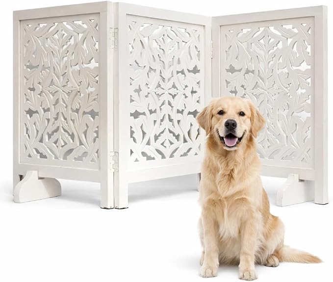 Free Standing Dog Gate – 3 Panel Foldable Wooden pet gate Indoor 54" W x 24" H, Hand-Carved Solid Wood & MDF, Portable Indoor Gate for Doorways, Halls, Stairs – Fully Assembled_ White Antique