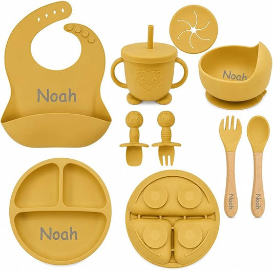 Personalized Silicone Baby Feeding Set with Engraved Name - Custom Baby Bib, Suction Plate, Bowl and Spoon - Silicone Weaning Set - Ideal First Birthday