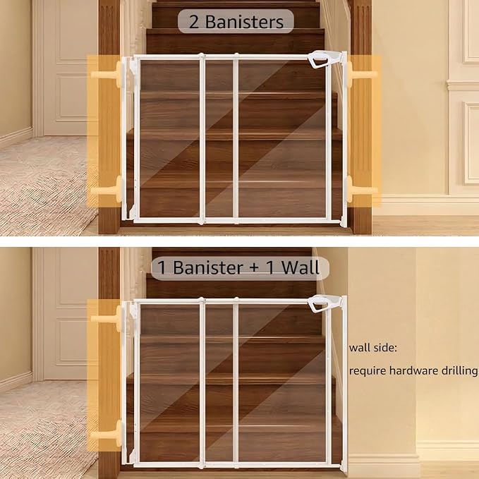 beeNbkks Clear Dog Gate for Stairs, No Bottom Bar 30" Tall Pet Barrier with 4 Banister Adapters, Fits 1.5"-3.5" Wide Posts, 29.5"-44.5" (1 Rail) or 30.5"-46" (2 Rails) Wide Opening, Indoor Outdoor Use