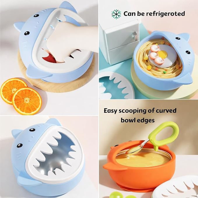 Silicone Suction Baby Bowl,Stainless Steel Insert,BPA-Free,Microwave & Dishwasher Safe,No-Spill Weaning Set with Spoon & Fork– Easy Clean,Self-Feeding Training for Toddlers (Baby Blue)