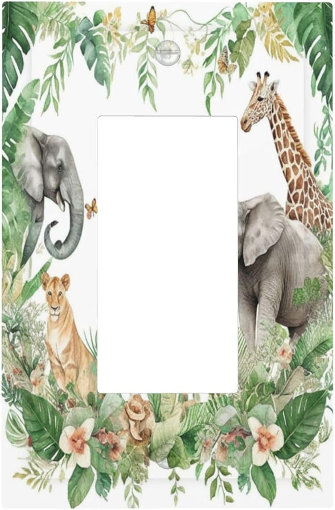 Tropical Leves Safari Animals Giraffe Elephant Zoo Decorative Outlet Covers 1 Gang Single Rocker Light Switch Cover Plate Wall Plates GFCI Faceplate for Kids Room Nursery Decor