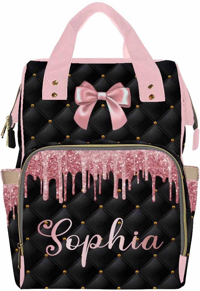 InterestPrint Custom Name Diaper Bag Personalized Pink Glitter Bowknot Nursing Bags Backpack with Name Customized Mummy Nappy Bag Shoulders Bag Casual Daypack Travel Bag for Women Men