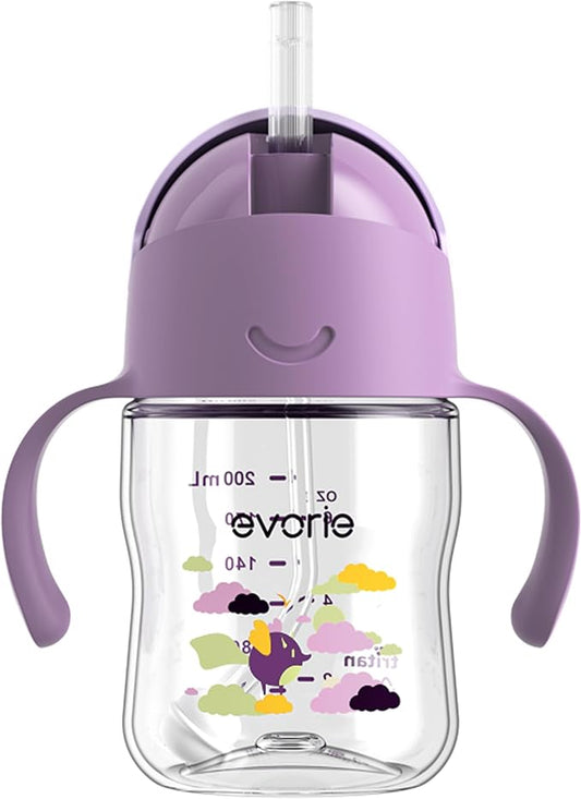 Evorie Tritan Weighted Straw Sippy Cup with Handles for Baby and Toddlers, Spill Proof Baby Water Bottle with Straw for 6 Months and up, 7 Oz, Infant Training Water Bottle (Daydream)