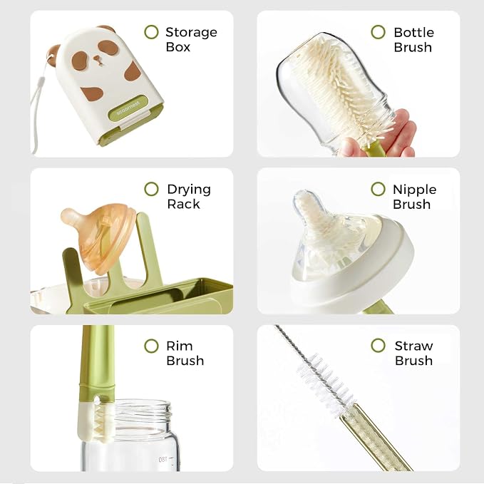 Bottle Brush Set - Baby Travel Bottle Cleaner Kit with Silicone Brush, Nipple Brush, Straw Brush, Soap Dispenser, Drying Rack - 8 in 1 Bottle Cleaning Kit for Home and Travel Essential (Green)