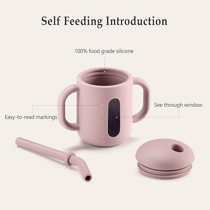 CLYMENE Silicone Training Cup with Straw & Handles | Baby Sippy Cup | Water Drinking Cup for Infants and Toddlers 6 Months+, 6 oz, Blush