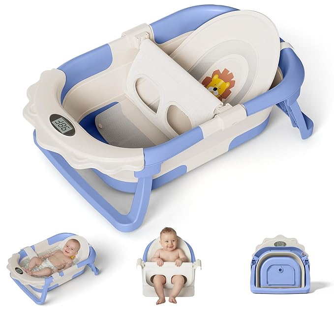 MoreFeel Foldable Baby Bathtub with Thermometer - 4-in-1 Grow-with-Me Collapsible Infant Tub (Newborn to Toddler) with Adjustable Mesh Sling - Space Saving Design
