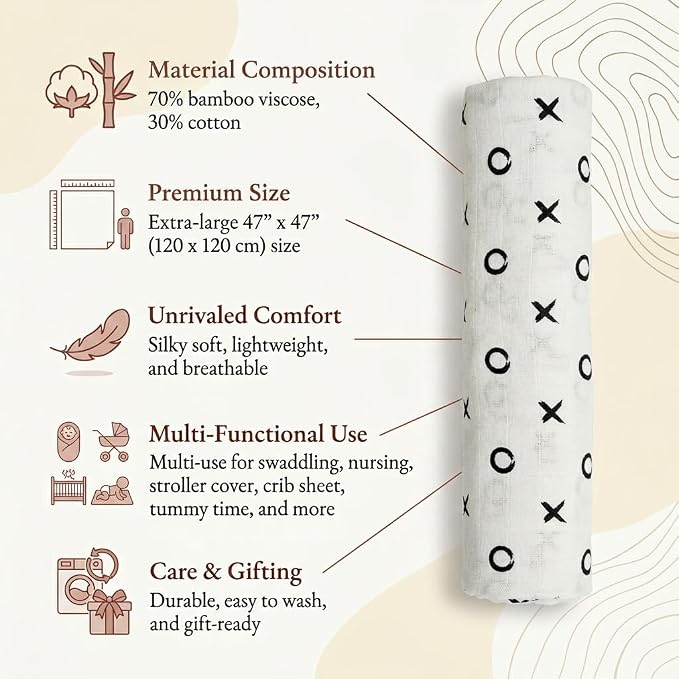 Lulujo Baby Swaddle Blanket| Unisex Softest Bamboo Viscose Muslin Swaddle Blanket| Neutral Receiving Blanket for Girls & Boys | 47in x 47in Hugs & Kisses