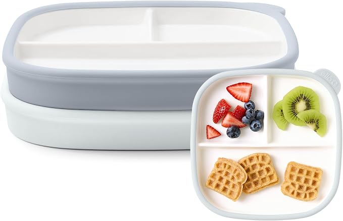 Ello Clean Start Toddler Breakfast Plate 2 Pack | BPA-Free Ceramic Plates with Divider & Silicone Sleeve for Babies/Toddlers| Microwave & Dishwasher Safe | High Chair Friendly | Quiet Tide/Tech Blue