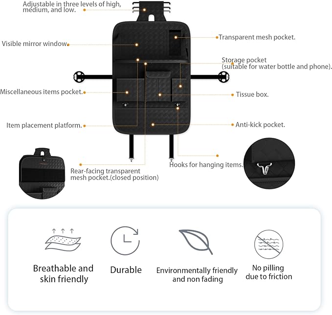 GMQ Back Seat Car Organizer 1 Pack,Backseat Organizer with Tray,Multifunctional Car Seat Back Storage Box with Foldable Tablet Holder (Black, Weave)