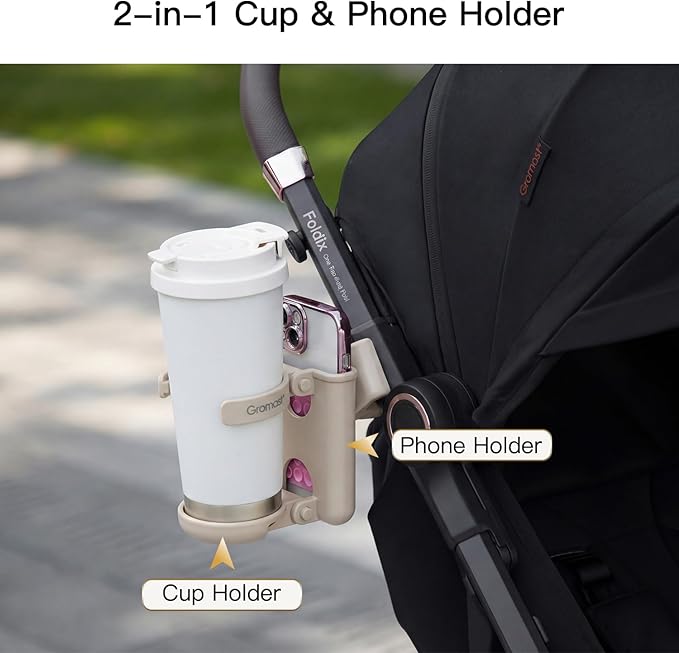 Gromast 2 in 1 Foldable Stroller Cup Holder + Phone Holder, 360°Rotatable with Adjustable Clip, Universal Cup Holder for Baby Stroller, Tricycle - Khaki