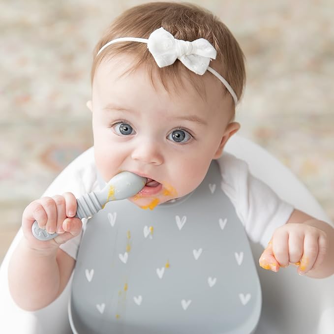 Bumkins Baby Bowl, Silicone Feeding Set with Suction for Baby and Toddler, Includes 4 Spoons and Lid, First Feeding Set, Training Essentials for Baby Led Weaning for Babies 4 Months Up, Marble