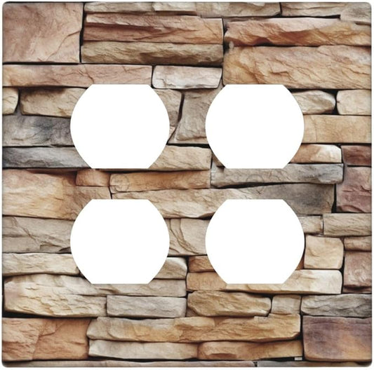 Outlet Covers Stone Textured Brown Brick Natural Stone 2 Gang Double Duplex Decorative Light Switch Covers Electrical Wallplates Socket Faceplate For Farmhouse Cabin Decor