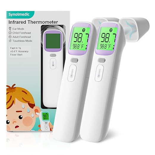 Thermometer for Adults and Kids - Baby Ear Forehead Thermometer FSA-HSA Eligible, Infrared Digital Thermometers with Fever Alarm & Mute Mode, Accurate, 40 Memories,Touchless(Purple 2 Packs)