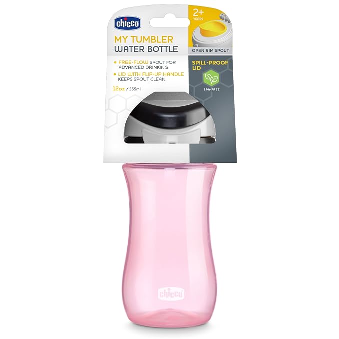 Chicco 12oz. My Tumbler Open Rim Water Bottle with Free-Flow Spout | Spill Proof when Lid is Closed | Flip-Up Carry Handle | Top-Rack Dishwasher Safe | Easy to Hold Toddler Cup | Pink | 2+ Years