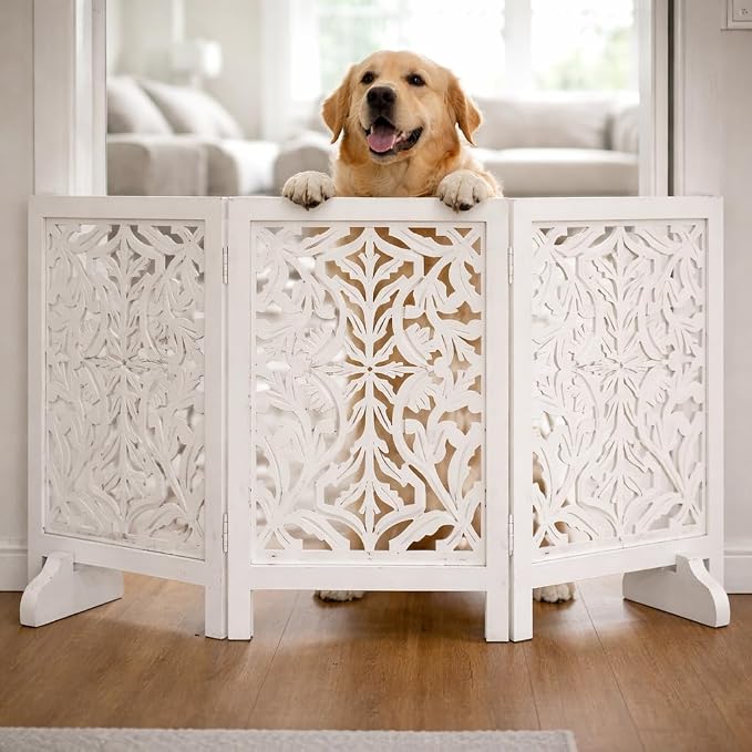 Free Standing Dog Gate – 3 Panel Foldable Wooden pet gate Indoor 54" W x 24" H, Hand-Carved Solid Wood & MDF, Portable Indoor Gate for Doorways, Halls, Stairs – Fully Assembled_ White Antique