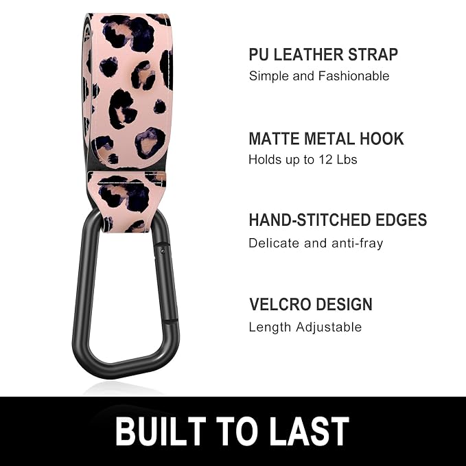 Baby Stroller Hooks for Hanging Bags, Universal Stroller Clips Accessories, Mommy Hook for Diaper Bag, Shopping Cart, Purse, Backpack - 2 Pack, Leopard Spots