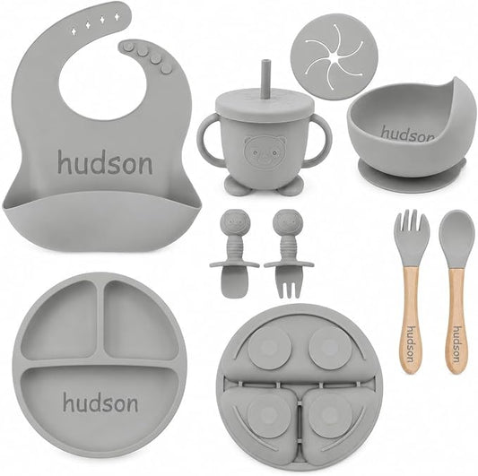 Personalized Silicone Baby Feeding Set with Engraved Name - Custom Baby Bib, Suction Plate, Bowl and Spoon - Silicone Weaning Set - Ideal First Birthday