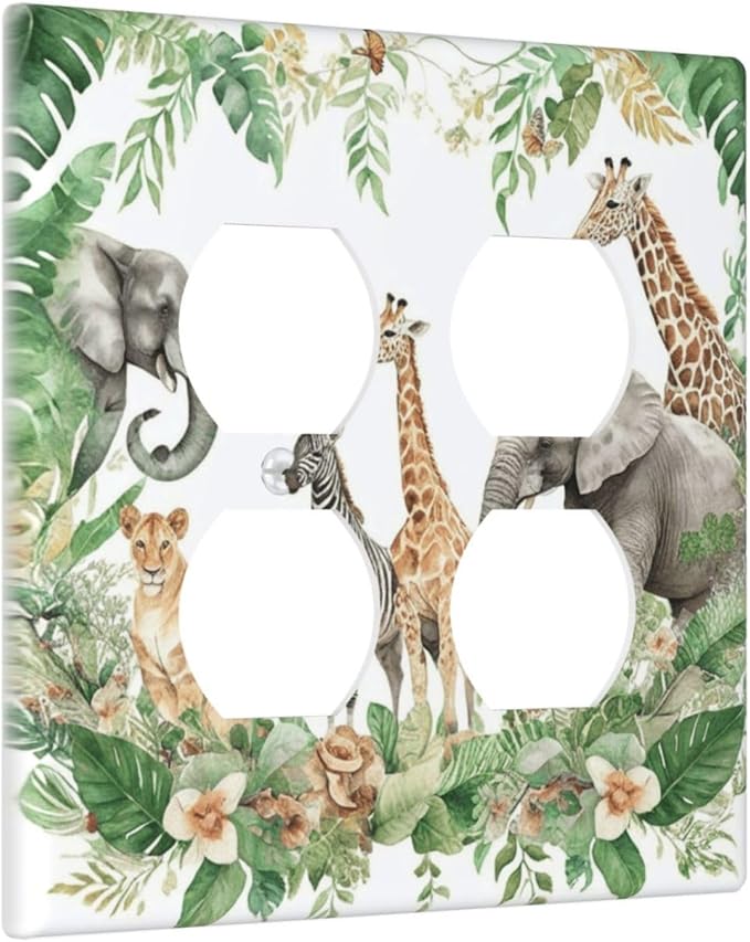 Tropical Leves Safari Animals Giraffe Elephant Zoo Outlet Covers 2 Gang Double Duplex Decorative Light Switch Covers Electrical Wallplates Socket Faceplate for Kids Room Nursery Decor