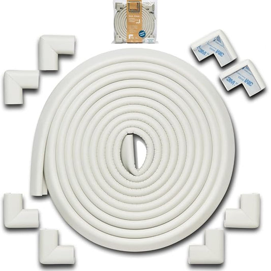 Roving Cove HeftyFit Edge Corner Protector Baby Proofing (Large 18ft Edge 8 Corners), Heavy-Duty, Soft NBR Rubber Foam, Furniture Fireplace Safety Bumper Guard, 3M Adhesive, Oyster White (Off White)