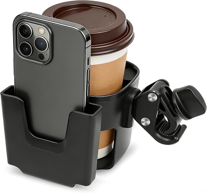 Universal Big Size 2-in-1 Cup & Phone Holder for Stroller Walker Wheelchair, Adjustable Clip On Attachment for Bike Scooter Rollator, Compatible with Nuna Uppababy Graco Doona Baby Travel Gear