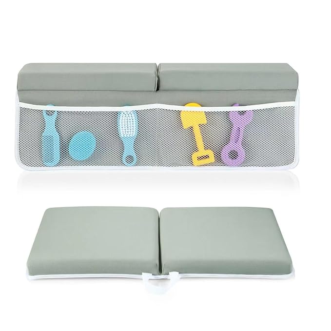 PandaEar Baby Bath Kneeler & Elbow Rest Pad, Comfortable Non-Slip Kneeling Mat Cushion with Toy Organizer Storage Pockets, Foldable Foam Mat for Toddler Bathroom Bathing Time (Grey)