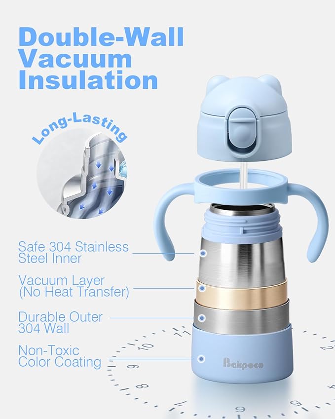 Bakpoco Stainless Steel Straw Sippy Cup for Toddlers 1-3 Years Old, Insulated Toddler Water Bottle Baby Training Tumbler with Handles & Strap, 9oz Kids Straw Cups for Travel Daycare, Blue Bear 1-Pack