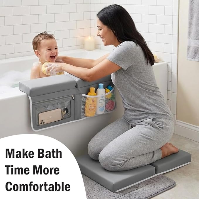 UR Choice Bath Kneeler and Elbow Rest Pad Set, Kneeling Pad for Bathing Baby, Non Slip Foldable Kneeling Mat for Toddler, Bathtub Cushion Foam Kneeler Mat with Toy Organizer Pocket - Grey
