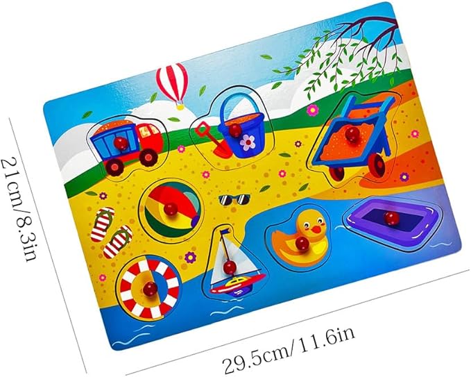 Peg Puzzle Set of 4 (32 pcs), Wooden Knob Puzzles for Toddlers, Vegetables, Fruits, Geometry Shapes and Beach Toys, Preschool Educational Cognitive Gifts.