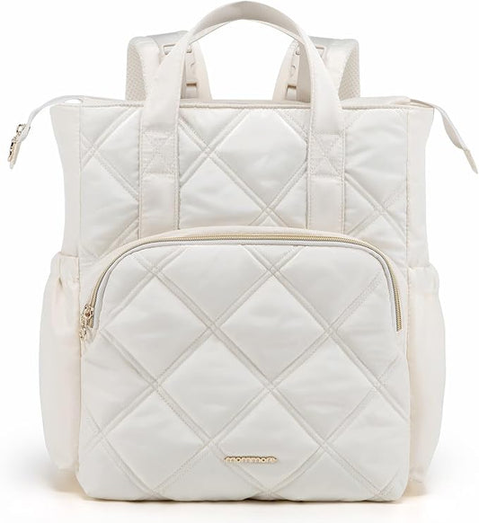 mommore Quilted Diaper Bag Backpack, Small Baby Bags, Lightweight Mini Diaper Backpack for Travel, with Insulated Pockets, Changing Pad (Beige)