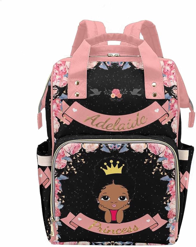 M YESCUSTOM Personalized Name Floral Diaper Bag, Customized Black Nursing Mommy Daypack with Large Capacity Nylon Backpack for Travel Holiday Gift for Women