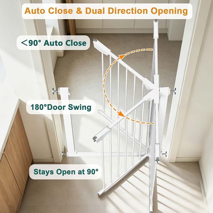 Fairy Baby 36" Tall Narrow Baby Gate, 22.8"-25.5" Narrow Pet Gate for Small Opening, Pressure Mounted Small Dog Gate for Doorways Walk Thru, Auto Close No Drill Metal Safety Child Gate, White