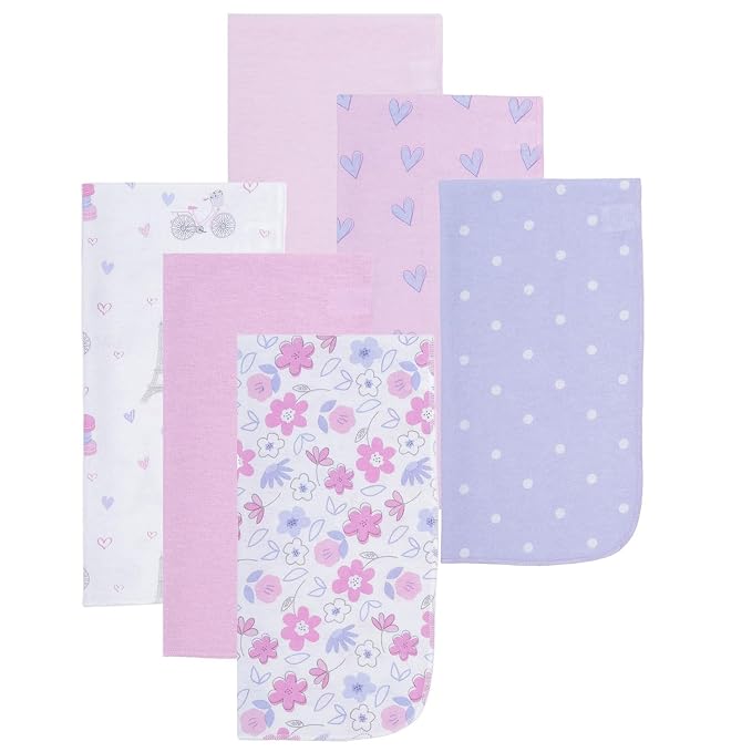 EVERYDAY KIDS 12 Pack Burp Cloths for Baby Girl - Paris, Flowers and Hearts