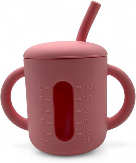 Silicone Straw Cup For Toddlers - Sippy Cup For 6 Month Old - Baby Straw Sippy Cup And Extra Snack Lid - Infant Training cups (Pink)