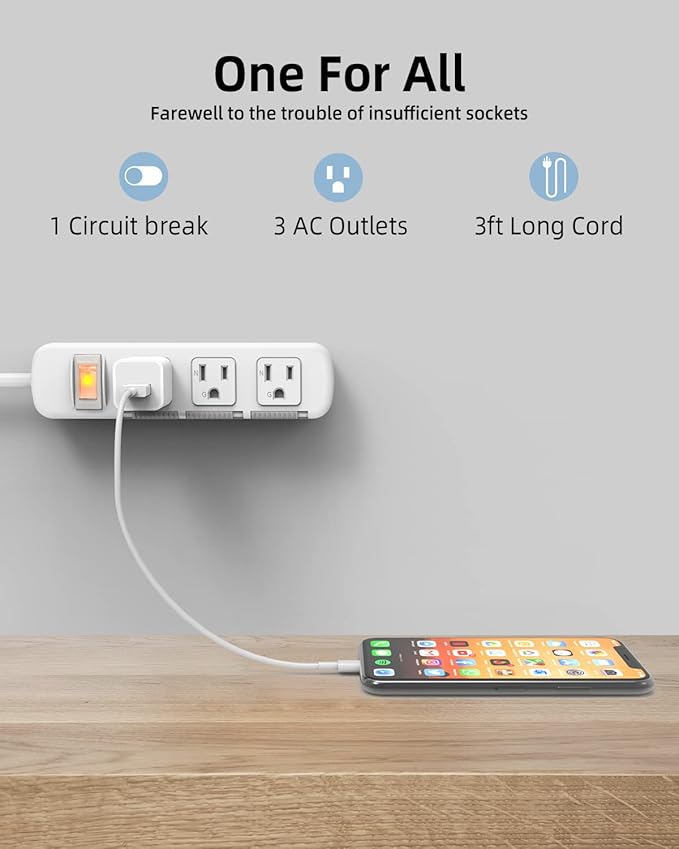 Flat Plug Power Strip Surge Protector 3 Outlets, Extension Cord 3 ft 3 Prong, 300J, 10A/1250W, Overload Protection Switch, Plug Strip for Home Office, Child Safety Slide Outlet Covers, SGS Approved