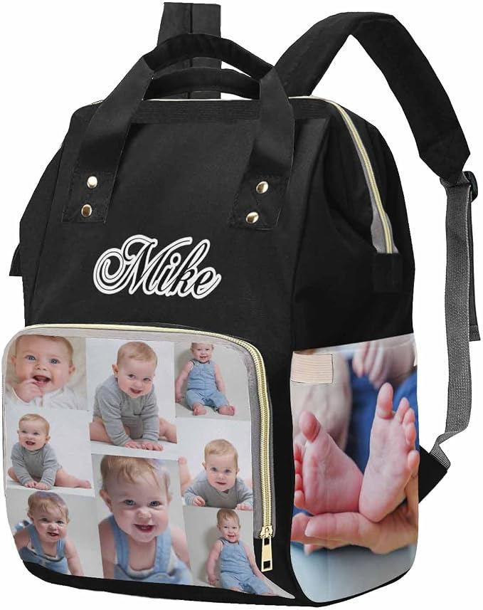 M YESCUSTOM Custom Diaper Bag with Name & Photos for Women Mom Dad, Personalized Black Diaper Backpack with Text Waterproof Nappy Mommy Daypack Bags for Mother's Day New Born Gift