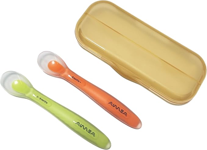 Baby Spoons 2-Pack | Soft Silicone First Stage Feeding Spoon Set with Travel Case | Stage-Based Design for 0-6m & 6m+ | BPA-Free, Gum-Friendly for Infant & Toddler | Lime + Peach