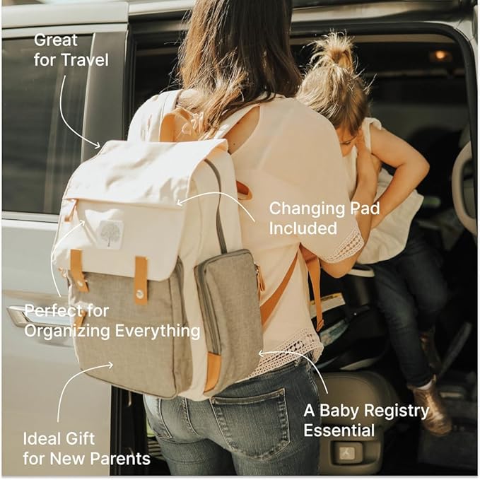 Parker Baby Diaper Backpack - Large Diaper Bag with Insulated Pockets, Stroller Straps and Changing Pad -"Birch Bag" - Cream