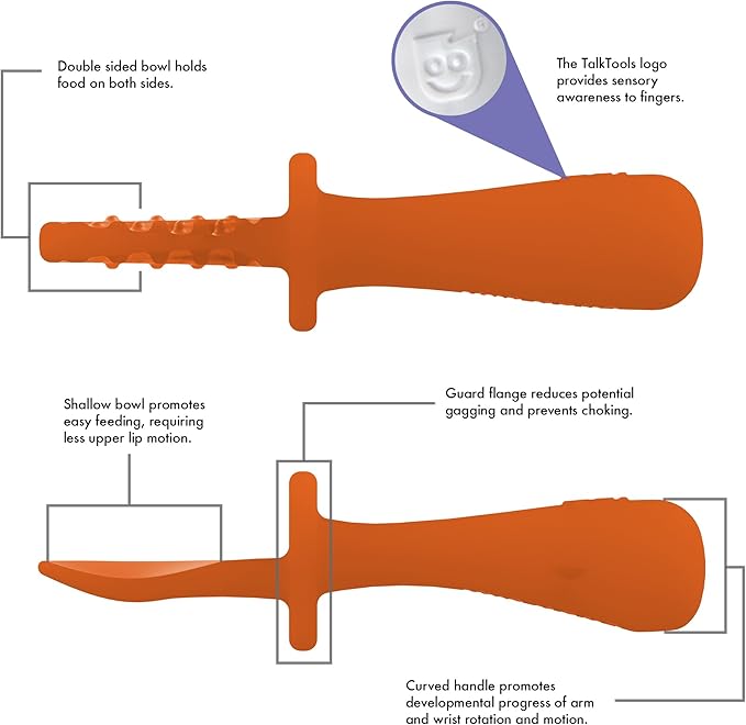 TalkTools ITSY Tiny Silicone Spoons ??Twin Pack Soft Silicone Self-Feeding Training Spoons for Kids & Toddlers, Anti-Choking Flange Guard and Non-Slip Handle (Tangerine)