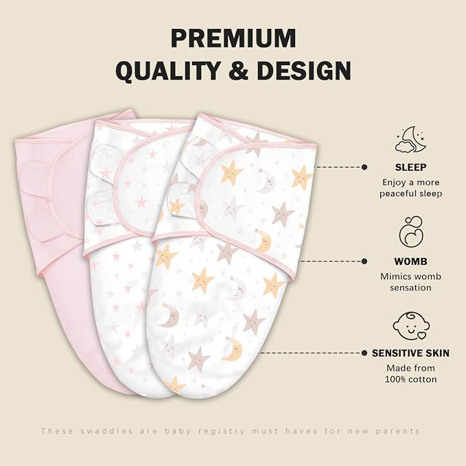 Cute Castle 3-Pack Baby Swaddle Sleep Sacks - Newborn Swaddle Sack - Ergonomic Baby Swaddles Blanket Warp for Boys and Girls - Baby Essentials (0-6 Months - Pink, Moon, Stars)