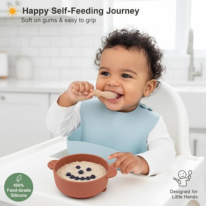 2 PCS Baby Silicone Spoons Infant, Toddler, & Kid Friendly Utensils - First Stage, Baby Led Weaning - 4 Pack Utensil Set (Green + Beige)